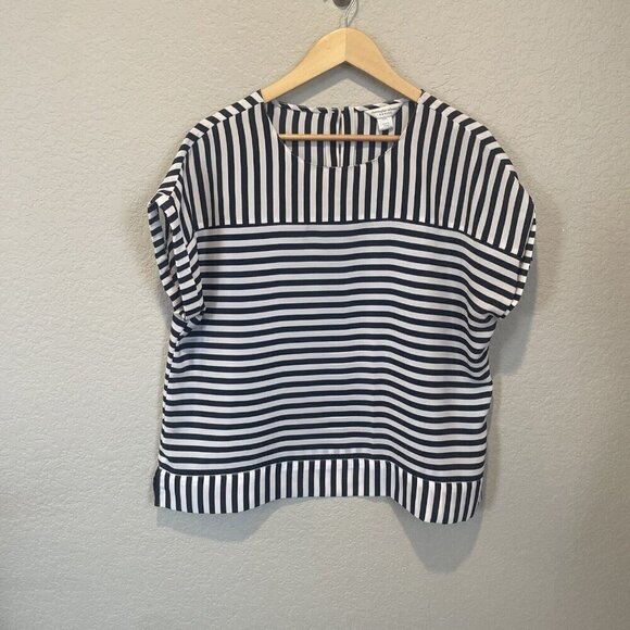 Christopher Banks XL Petite Striped Short Sleeve Blouse Round Neck Navy Nautical - Picture 2 of 11